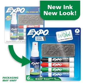 EXPO Dry Erase Markers Kit, Chisel Tip, Assorted Colors, Eraser, Spray Cleaner, 6 Count - Whiteboard, Calendar, Office Essentials, School, Classroom, Teacher Supplies