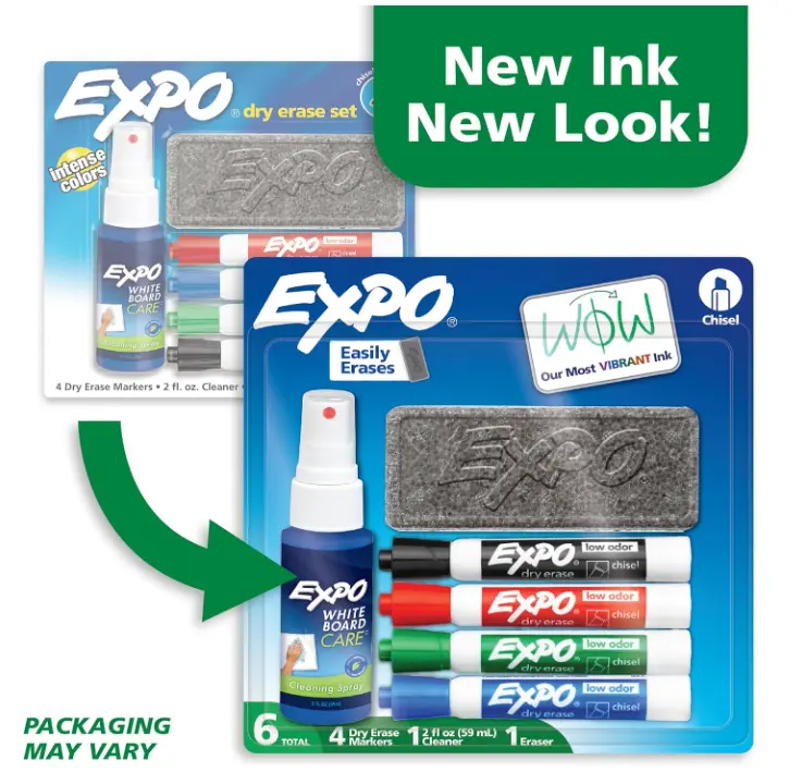 EXPO Dry Erase Markers Kit, Chisel Tip, Assorted Colors, Eraser, Spray Cleaner, 6 Count - Whiteboard, Calendar, Office Essentials, School, Classroom, Teacher Supplies