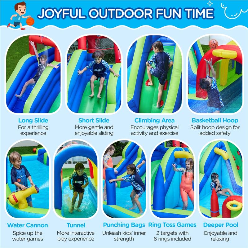 Yaheetech Inflatable Water Slide, Double Lane Water Slide, Combo W/ Storage Bag & 650W Blower, 2 Slides & 2 Pools & 2 Water Cannons & Tunnel & Basketball Hoop & Climbing Wall & Punching Bags & Ring Toss Game, For Kids Aged 3 To 10