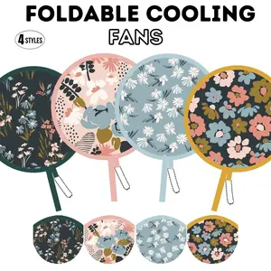 4 PCS 4 Styles Foldable Cooling Fans, Handheld Colorful Floral Round Fans for Travel, Events, Indoor & Outdoor (Nile Blue)