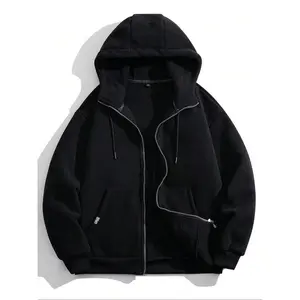 Men's Solid Pocket Drawstring Zip Up Hooded Jacket, Regular Fit Casual Long Sleeve Thermal Lined Outerwear for Fall & Winter, Men's Clothes for Daily Wear