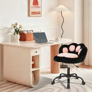Vanity Chair with Wheels,Cute Cat Paw Office Chair with Back,360°Rotating Height Adjustable Armless Chair in Vibrant Color-Blocking,Small Desk Chair,Plush Cushion for Bedroom,Make-Up Room Home Office