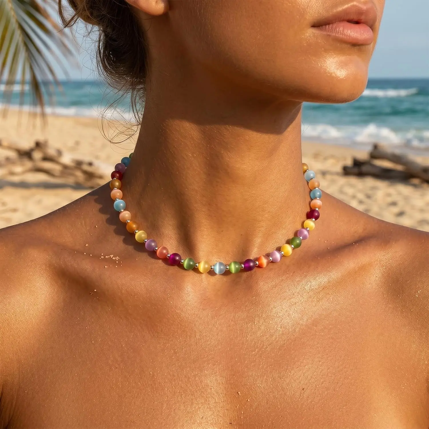 Vibrant Dopamine Beaded Necklace - Striking Rainbow Palette, Waterproof UV Reactive Choker with Casual Daily Use, Transforms Hues Under Sunlight for Beach Festive & Party Gift Supplies
