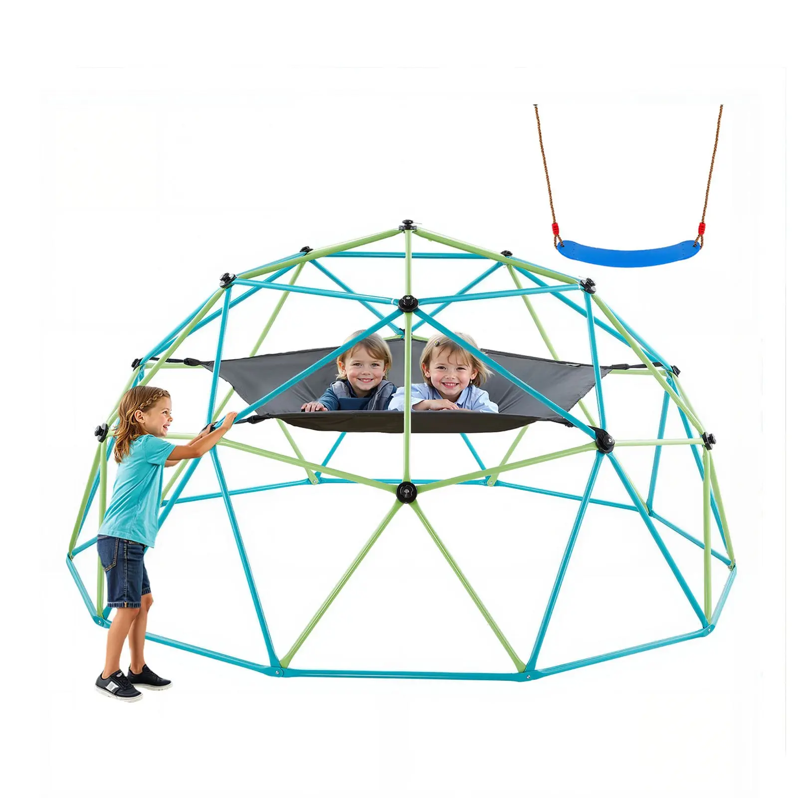 Summervibes VEVOR Climbing Dome, 10FT Geometric Dome Climber with Swing Hammock, 1000LBS Loading Kid's Jungle Gym Playground, Easy-Assembly Outdoor Backyard Climbing Equipment for Boys Girls 3 to 10 Years Old