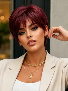 Women's Short Wig, Burgundy Straight Hair with Bangs, Rose Net Cap, Basic Style, Ideal for Role Playing and Halloween, Synthetic Straight Wig