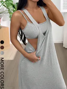 Women's 2pcs Heather solid color Casual Wear Tank Top & Cutout Maxi Dress Set , Soft Stretchy Fabric & Double-Strap Design
