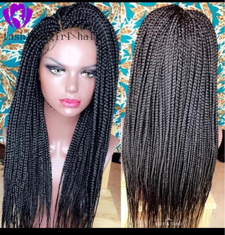 Black Box Braided Synthetic Hair Lace Front Wigs - Black, 13*4, 200% 32”Satin, Versatile for Casual and Formal Occasions