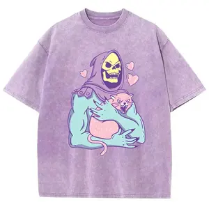 Funny Skull Cat Unisex Summer outfits men streetwear 80s 90s graphic tees cotton funny washed tshirt men gifts