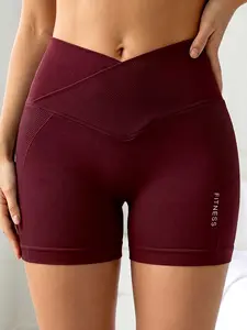 Women's Cross Waist Sport Shorts, Seamless High Elastic Tight Fit, Tummy Control Butt Lift, Athletic Fitness Shorts, Fitness Yoga Workout Pants, All Seasons