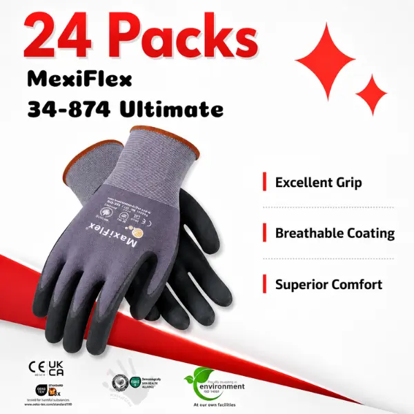 MaxiFlex Ultimate 34-874 Nitrile Coated Work Gloves, Breathable, Secure Grip, Protection, Gray/Black