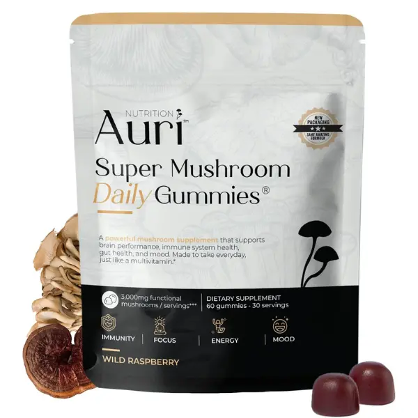 Auri Nutrition Super Mushroom Daily Gummies - All-in-1 Functional Herbal Nutrition Supplement with 12-Mushroom Blend (Lion’s Mane, Reishi, Chaga, Cordyceps) - 60 Count