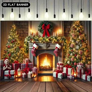 Christmas Fireplace Holiday Backdrop Cozy Wall Banner with Tree Gifts & Lights 2D Flat Polyester Curtain for Living Room or Photo Background Warm Winter Wonderland Decoration Trending Xmas Home Setup 2025 Peach Print Lightweight Ornaments