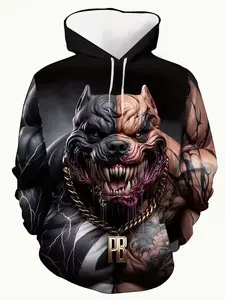 Digital Print Fashion Fitted Hoodie, Fall Sweatshirt, 3D Graphic Design, Bulldog and Pitbull Patterns, Casual All-Season Wear