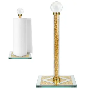 Gold Paper Towel Holder Stand, Countertop Paper Towel Roll Dispenser Holders with Cube Base, Tissue Countert Filled with Crystal Sparkly Crushed Diamonds House Decor for Kitchen Bathroom，Heavy Weight