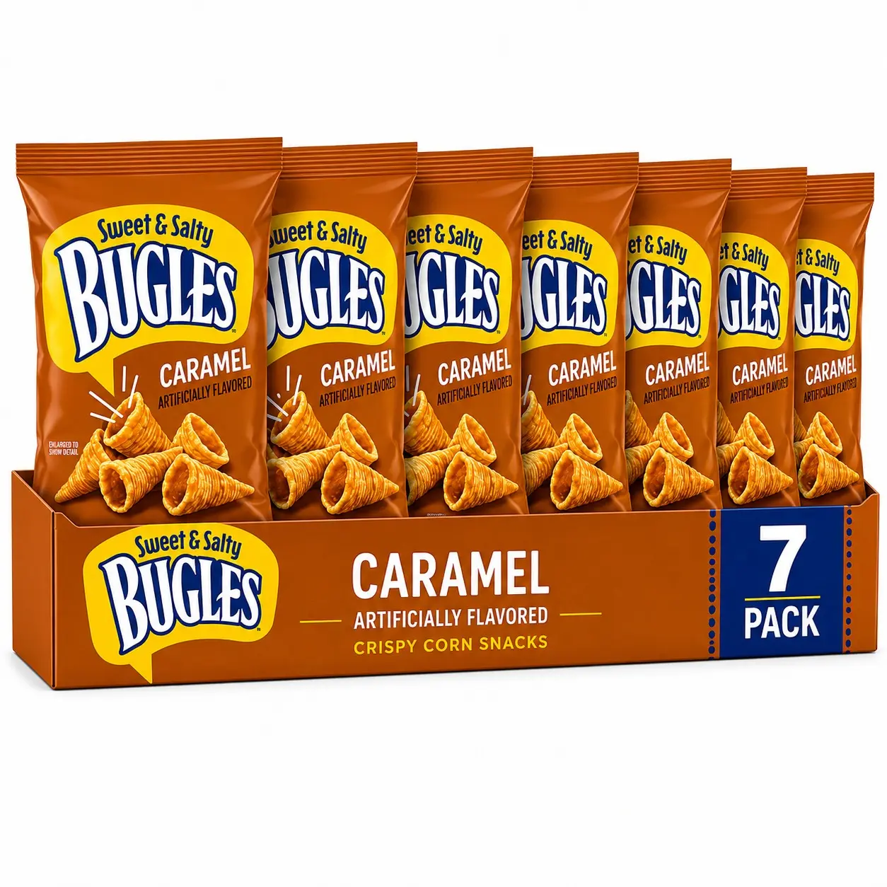 Bugles Sweet & Salty Caramel Corn Snacks 3.5 Oz Bags (Pack of 7), Crispy Cone-Shaped Crunch, Sweet & Savory Caramel Flavor, Perfect for Sharing, Parties & On-the-Go Snacking