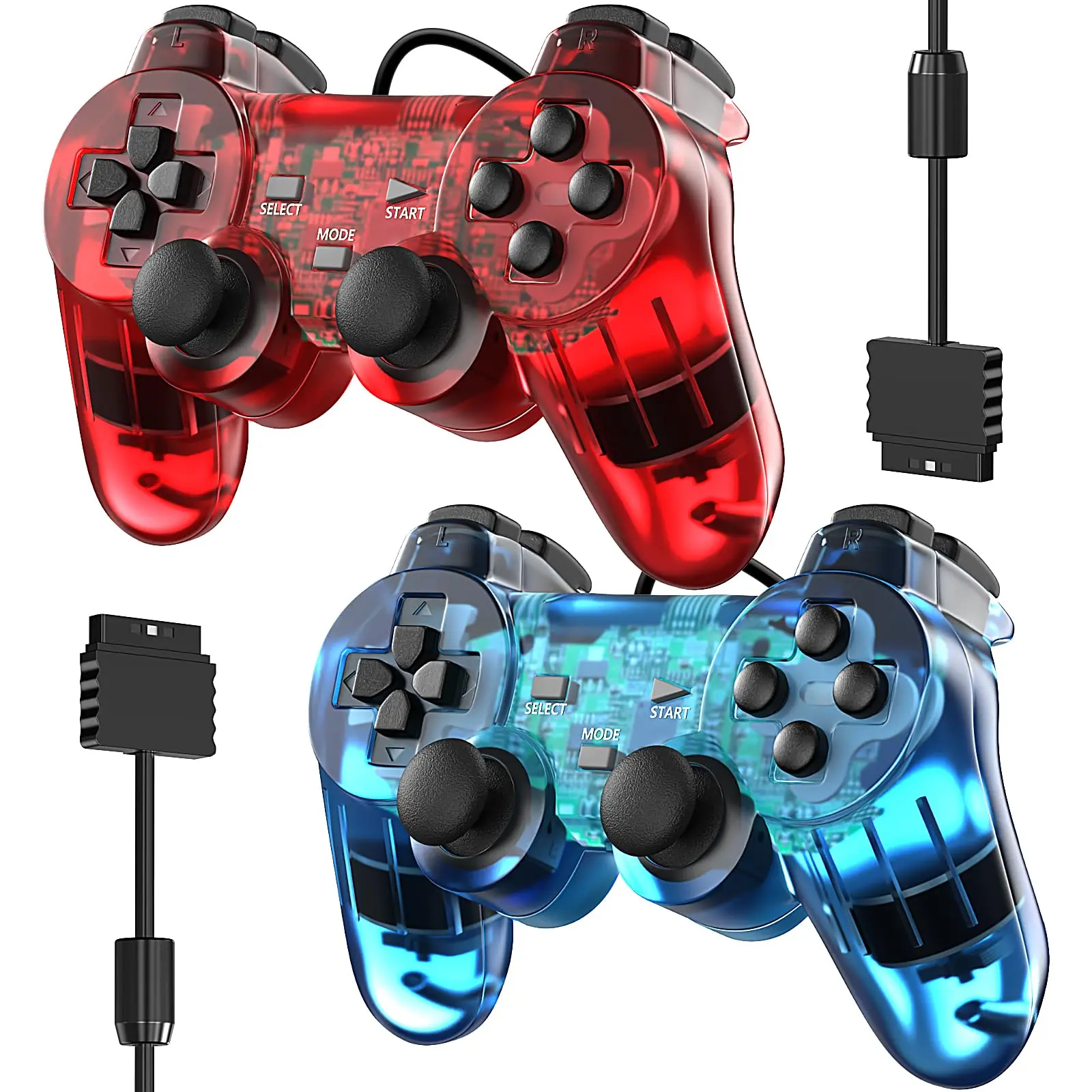 Wired Controller For Ps-2 High Performance Double Shock Gamepad Joystick Remote Compatible With Play 2 (clear Red And Clear Blue)