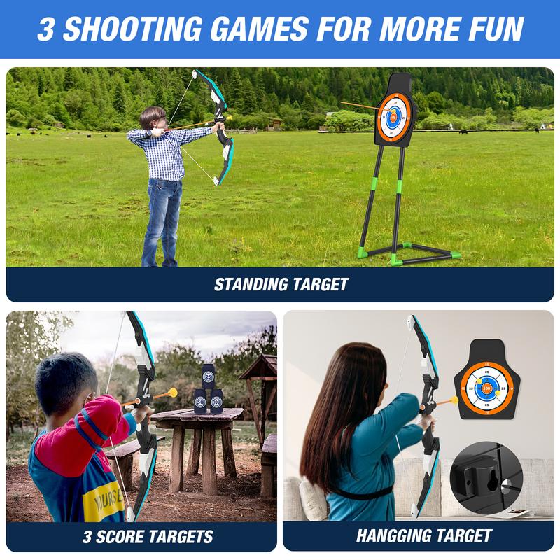 Bow and Arrow for Kids, LED Light Up Archery Set with 12 Suction Cup Arrows, 1 Standing Target, 3 Score Targets & 1 Quiver, Indoor Outdoor Sport Gifts for Boys Girls Ages 4-12, Blue