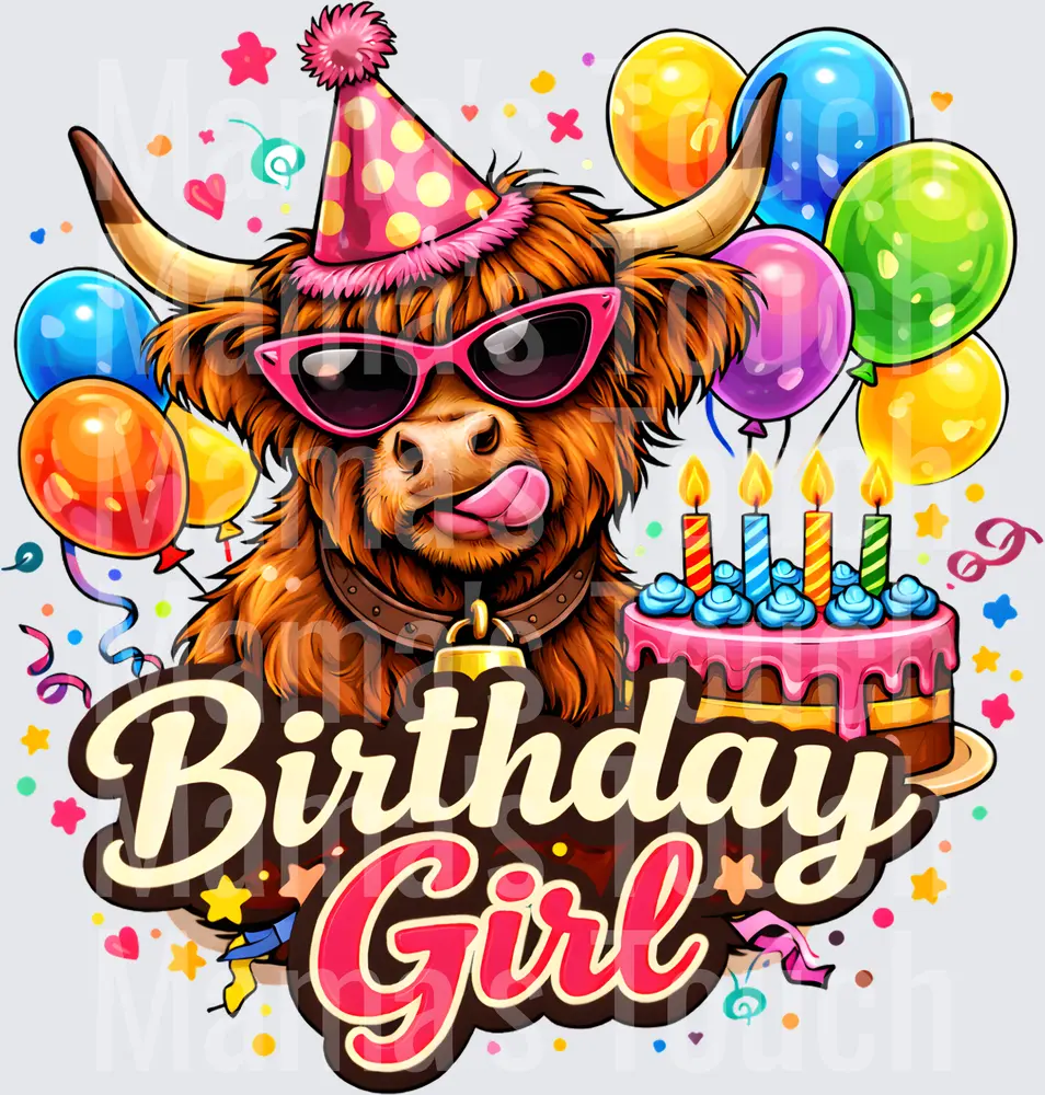 Highland Cow Birthday Girl with Party Hat Balloons and Cake