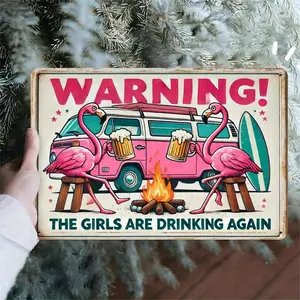 2D Flat Aluminum Wall Art Vintage Pink Flamingo Beach Party Decor with Warning The Girls Are Drinking Again Text 8x12 Inch Rustic Metal Sign for Bedroom Dorm Party Room Humorous Tropical Bar Club Wall Decor