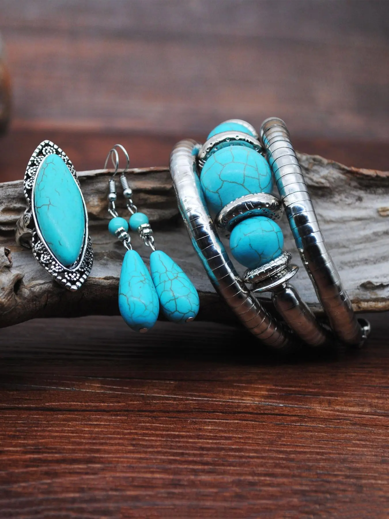 Vintage Turquoise Decor Adjustable Jewelry Set, Boho Style Dangle Earrings & Rings & Bracelets Set for Women & Men, Fashion Jewelry for Party, Exquisite Jewelry for Gift