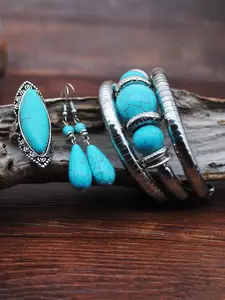 Vintage Turquoise Decor Jewelry Set, Boho Style Dangle Earrings & Rings & Bracelets Set for Women & Men, Fashion Jewelry for Party, Exquisite Jewelry for Gift
