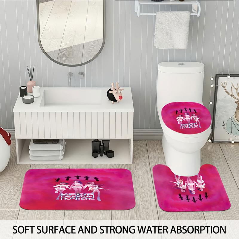 4pcs K-POP Demon Hunters Bathroom Set, Shower Curtain with Hooks, Non-Slip Bath Rug, U-Shaped Toilet Mat, Toilet Lid Cover, Bathroom Decoration Accessories