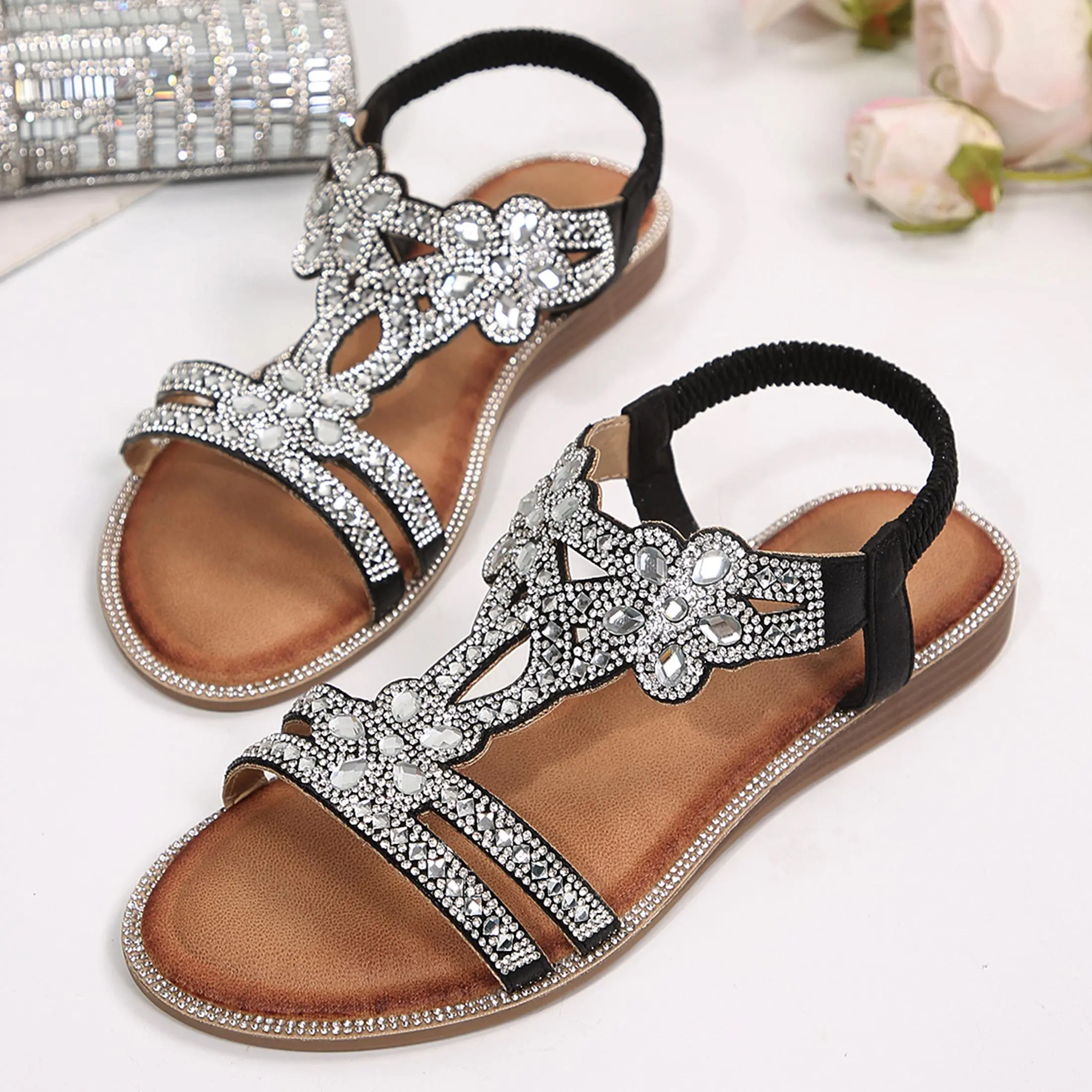 Women's Boho Sparkly Crystal Embellished Flat Sandals Ladies Soft Insole Non Slip Wedge Sole Dress Party Sandals