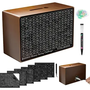 Wooden Money Saving Box, Cash Vault Savings Box for $10000 $5000 $3000 $1000 $800 $500 Money Saving Challenge, Reusable Money Box with Counter, Dry Erase Pen/Savings Trackers/Band-Brown