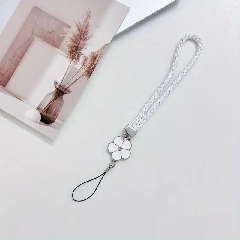 Pink Camellia Charm Braided Rope Strap Phone Lanyard - High-Quality Metal Alloy Buckle, Cute Cellphone Accessory for Mobile Phones, Niche Rope Strap Accessory