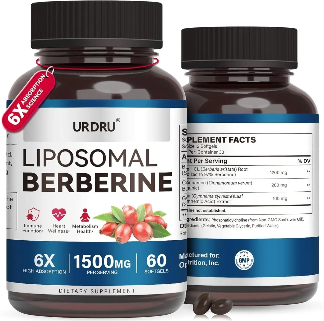 Berberine HCL Supplement 1500mg - with Ceylon Cinnamon & Gymnema, High Bioavailability Liposomal Berberine Capsules for Women and Men, AMPK Activator