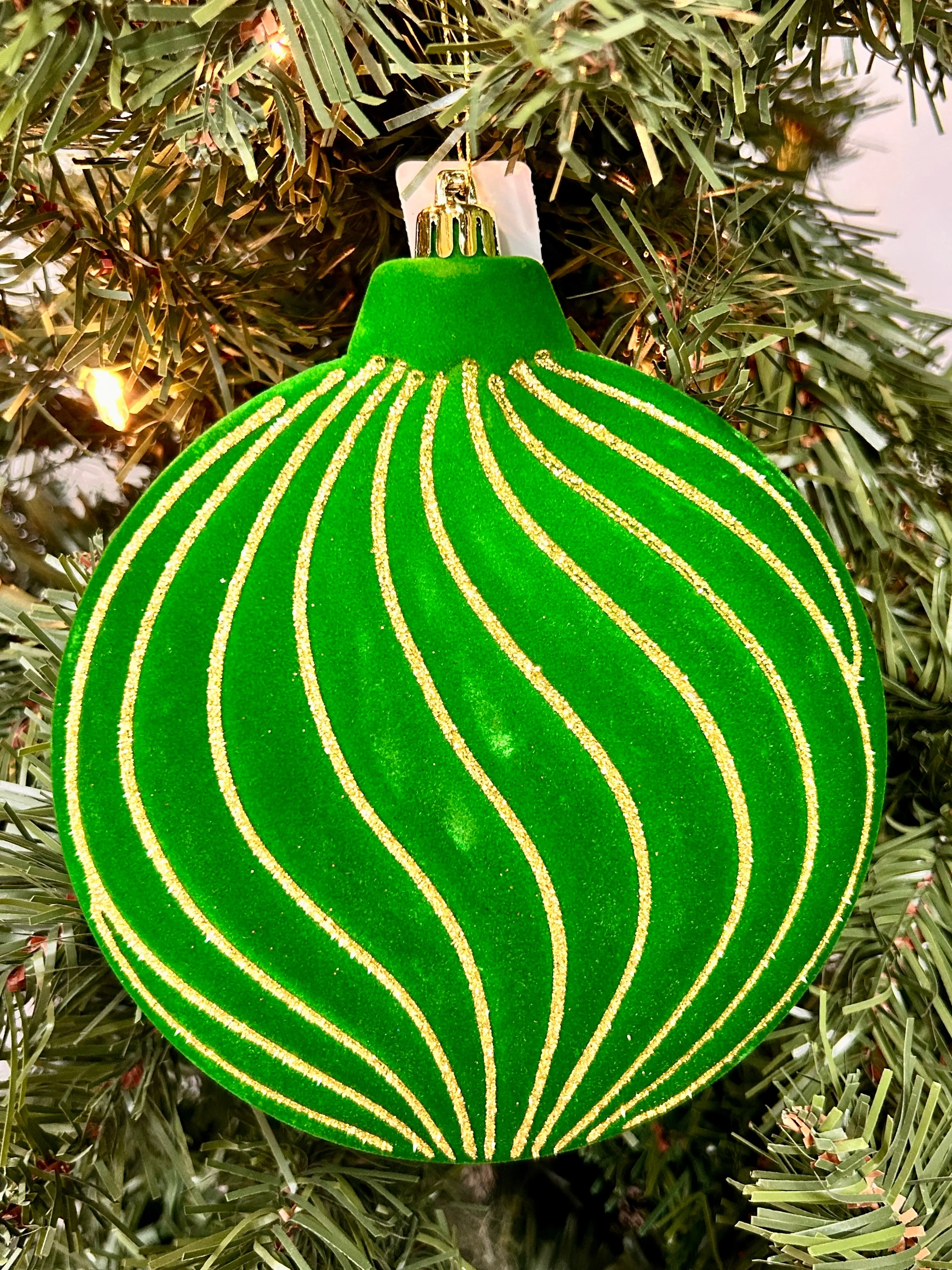 6 Inch Emerald Green And Gold Flocked Glitter Stripe Flat Ornament