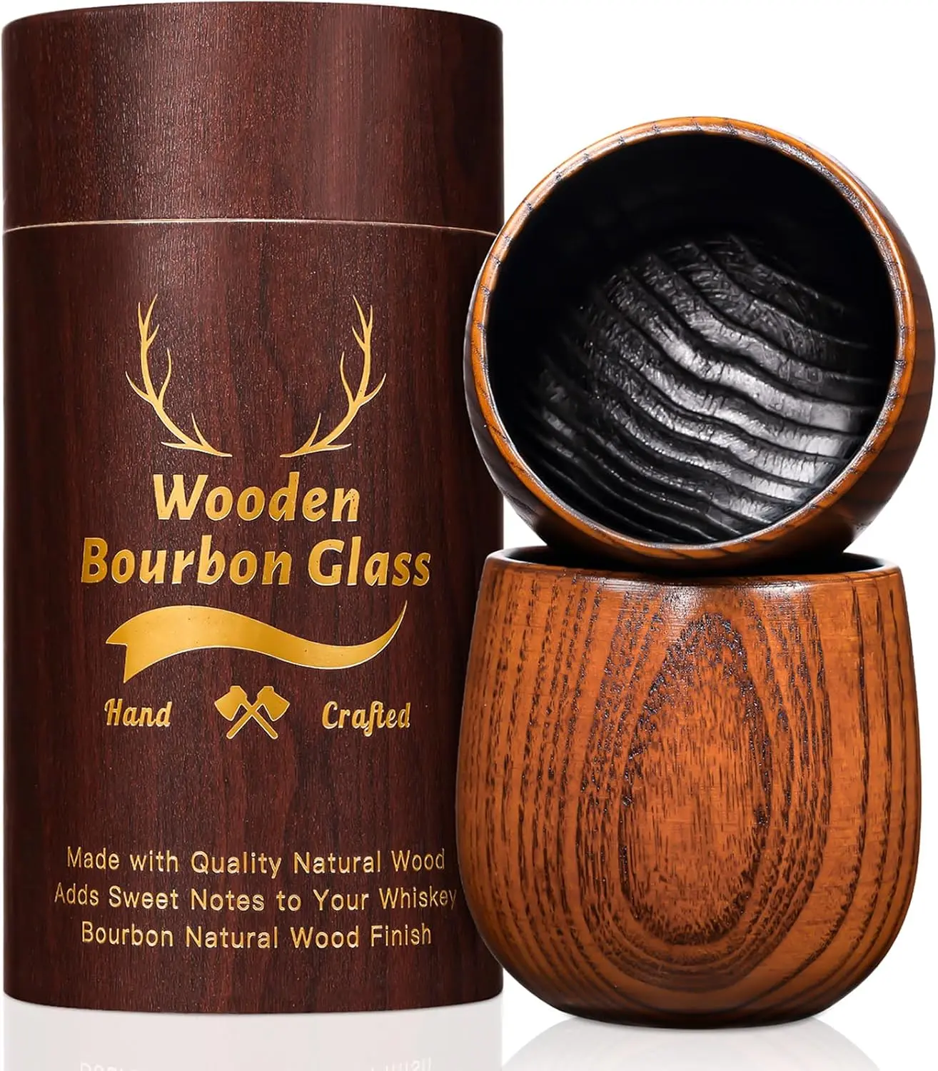 2PCS Charred Wooden Whiskey & Bourbon Drinking Glass，Glass Tumbler Cup,Gift For Men,Fathers Day Gift,Gifts For Him,Old Fashioned Glass,Traditional Dinkware,Holiday Gift,Drinking Glass For Men,Handcrafted Solid Wood Tumbler for Men