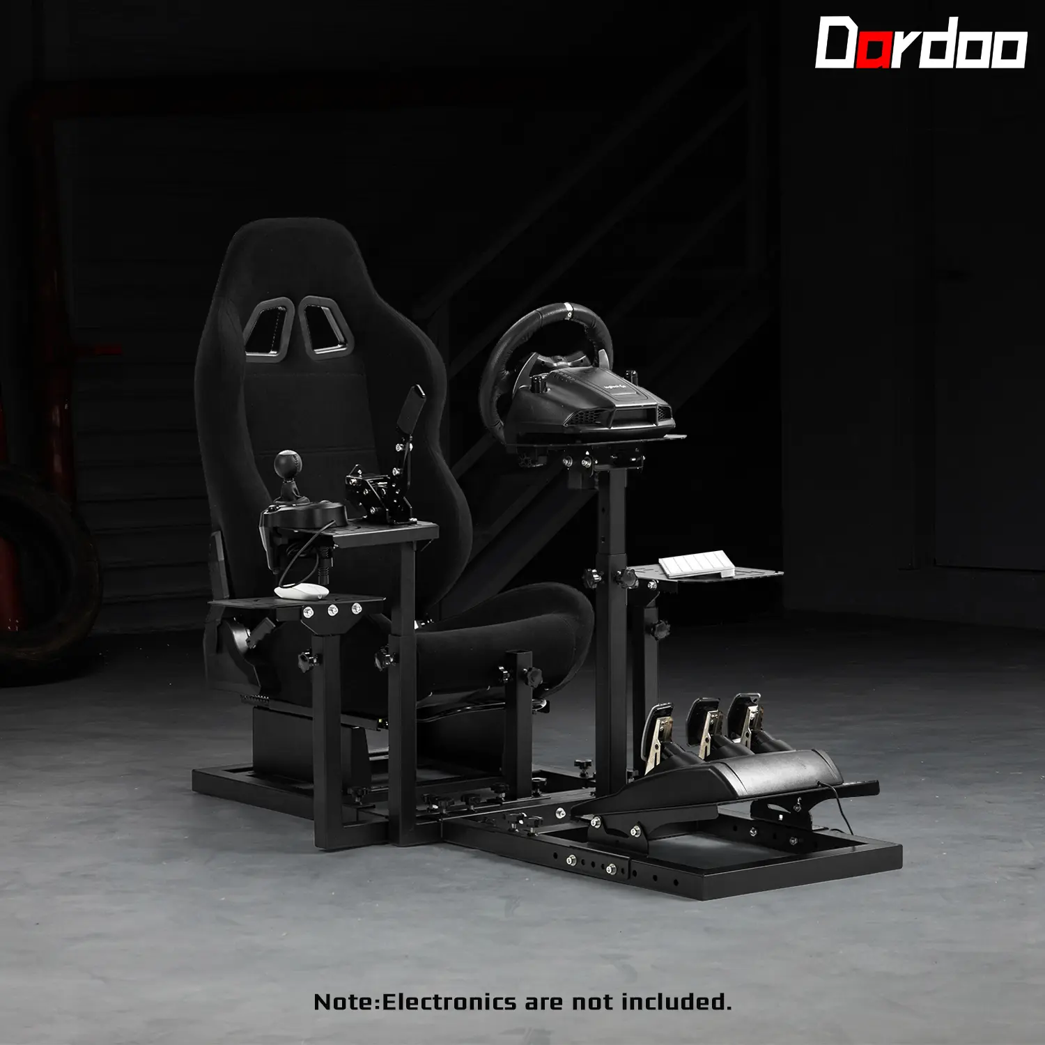 Dardoo Adjustable Racing and Flight Simulator Cockpit (with Black Ergonomic Gaming Chair) — Compatible with G29/G920/G923, T248, and X52/X56 flight systems. Does not include steering wheel, handbrake, shifter, or pedals.