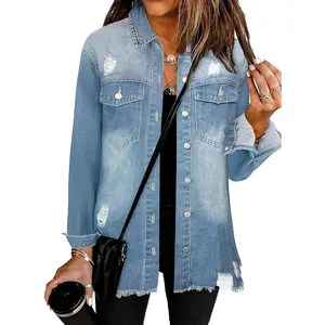 Women's Oversized Jean Jacket Casual Long Sleeve Denim Shirts Distressed Frayed Hem Denim Shacket