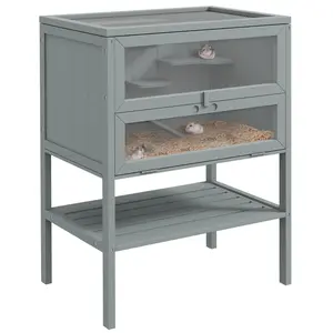 PawHut 3-Tier Wooden Hamster Cage Mice and Rat Cage Small Animals Hutch with Openable Top, Front Door, Storage Shelf, Gray