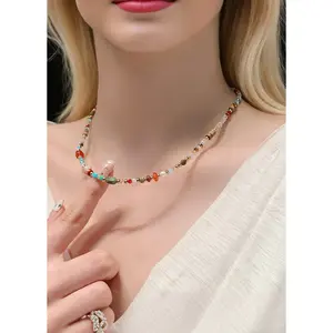 Colorful Dopamine Beaded Necklace Vintage French Luxury Style  Chain Versatile Accessories For Women Gifts For Women