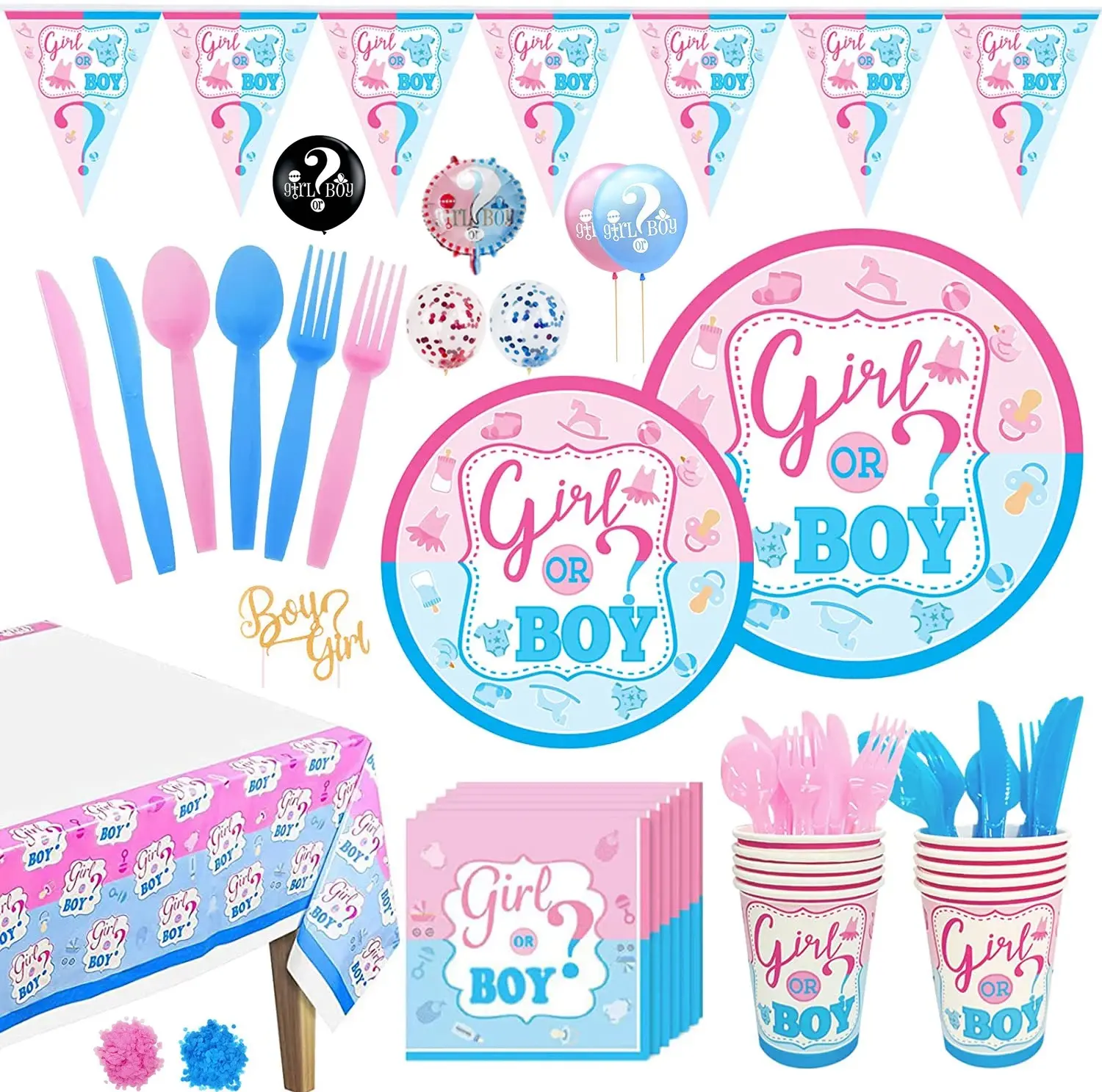 Gender Reveal Decorations, Baby Shower Party Supplies 142 Pieces 16 Guests Paper Plates, Cups, Napkins, Tablecloths, Black Balloon, Banner, Tableware Set Disposable Dinneware