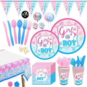 Gender Reveal Decorations, Baby Shower Party Supplies 142 Pieces Paper Plates, Cups, Napkins, Tablecloths, Black Balloon, Banner, Tableware Set Disposable Dinneware