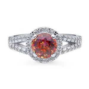 Halo Red Orange CZ Split Shank Ring in Sterling Silver