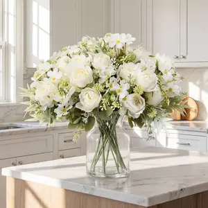 6 Bundles Peonies Artificial Flowers Faux Roses Silk Flowers Hydrangea Artificial Bouquet for Wedding Table Centerpiece Floral Vase Home Office Bridal Decor Decorative Flower Arrangement (Pure White)