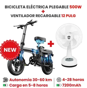 COMBO BICICLETA ELECTRICA PLEGABLE 500W + VENTILADOR RECARGABLE DURASON 12PULG HASTA LA PUETA DE SU FAMILIAR