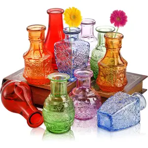 10-Pack Glass Bud Vases for Decor, Small  Flower Vases for Centerpieces,  Colored Glass Single Bud Vase, Mini Rustic Vase Antique  Floral Bottle for Table, ,