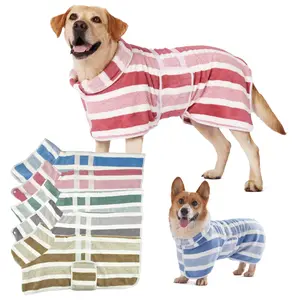 Quick Dry Dog Bath Robe, Striped Towel Bathrobe for Dogs, Super Absorbent Pet Drying Coat with Adjustable Belly Strap, Ultra Soft Fabric