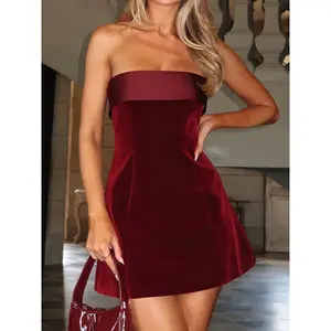 Women's strapless velvet mini dress, solid color, wedding guest, club, party dressRAIMENTRY