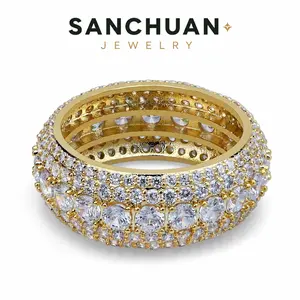 Synthetic Gems Iced Out Ring, Five-Row Hiphop Band, Hypoallergenic Comfort Fit Ring for Engagement & Wedding, Size 7-11