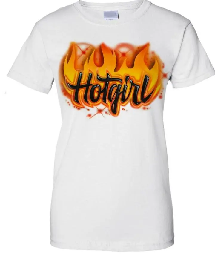 Hotgirl Custom Airbrushed T-Shirt with Bold Fiery Flames and Black Lettered Design for Confidence and Energy Clothes Tee Crewneck Shortsleeve Womenswear