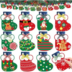 12 count Christmas Card Holder Gifts Wooden Red and Green Socks  and  Card Sleeves Stocking Christmas  Holders Merry Xmas  Tags for Xmas Tree Ornament Winter Holiday Party Decor(Socks)
