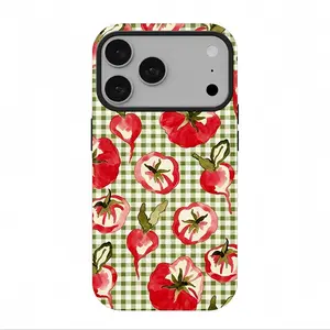 Green Gingham Tomato Radish Phone Case, compatible with iPhone 17 Pro Max, 16, 15, 14, 13 and 12. Dual-layer shockproof protective cover, perfect for gifting.