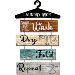 Blulu Rustic Farmhouse Laundry Room Wall Decor Set Vintage Wash Dry Fold Repeat Wooden Hanging Signs 5 Pieces 19.7x11" for Bathroom Bedroom