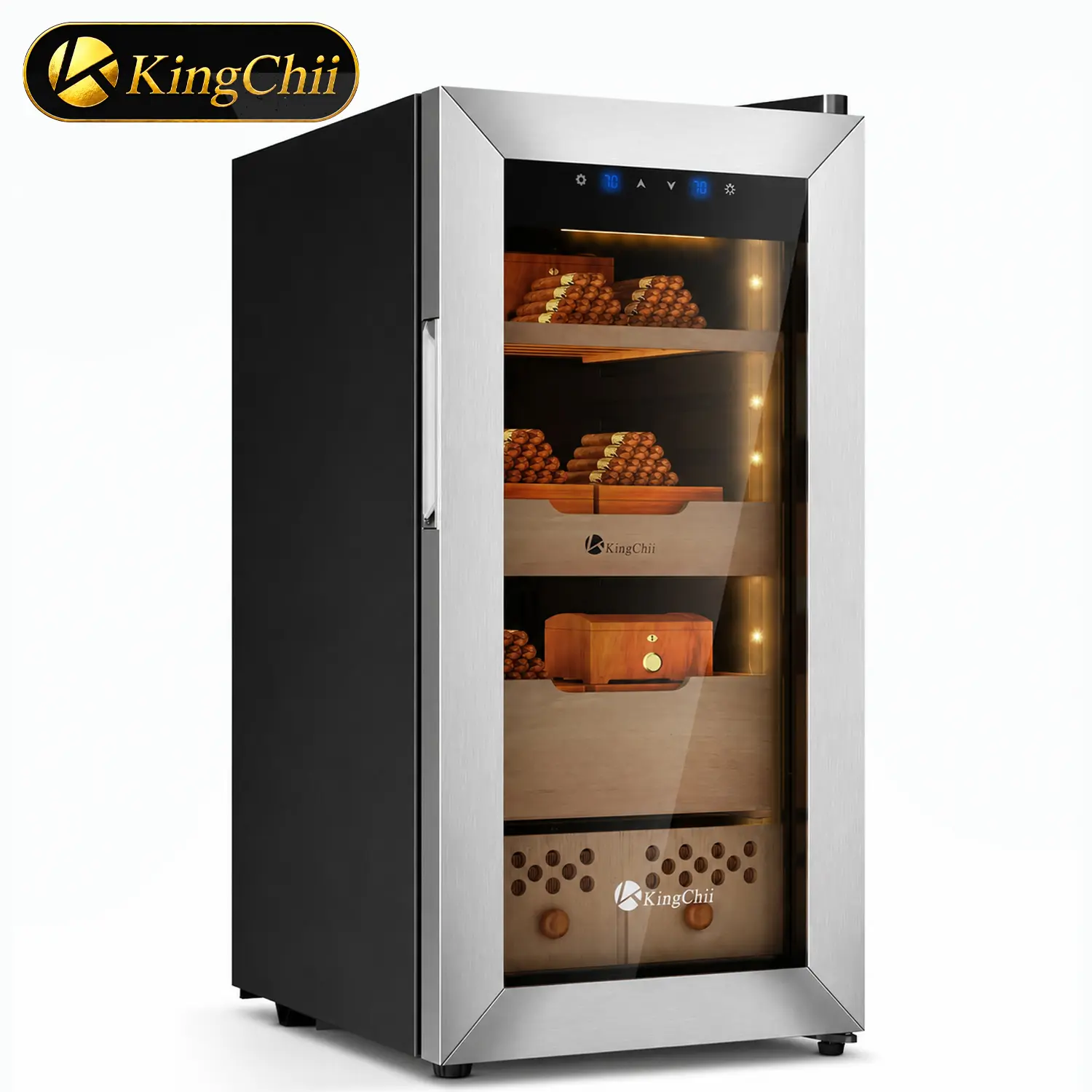 KINGCHII 50L Smart Compressor Climate Cabinet, 2-Way Auto Climate Control, Premium Aromatic Wood Shelves, 350-Count Capacity, Professional Grade Storage